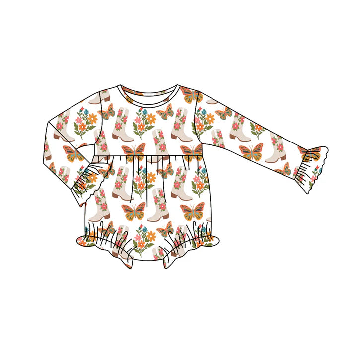 Preorder moq 5 Baby Infant Girls Long Sleeves Butterfly Floral Boots Plaid Ruffle Romper 7.12