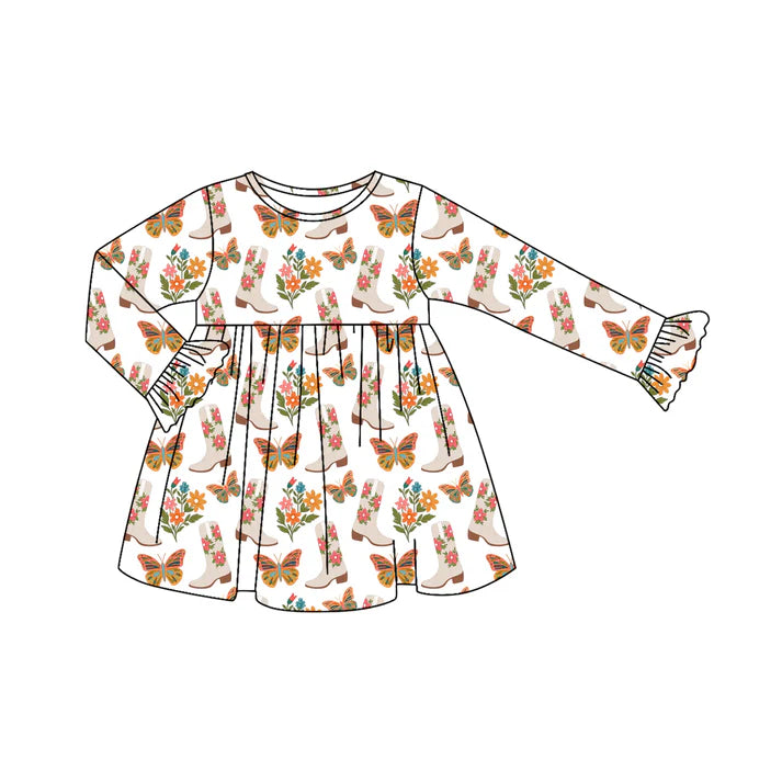 Preorder (moq 5)Baby Girls Long Ruffle Sleeves Butterfly Floral Boots Knee Length Dresses 7.12
