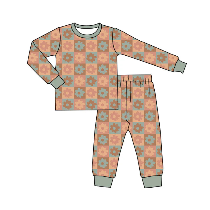Preorder (moq 5)Baby Girls Groovy Flowers Checkered Long Sleeves Top Pant Pajamas Sets 6.7