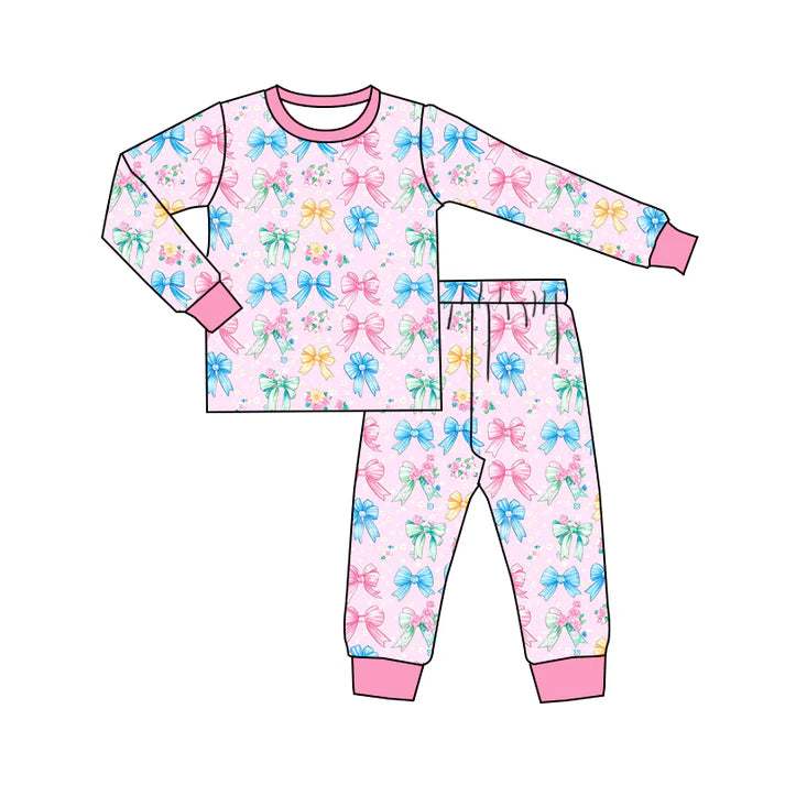 Preorder (moq 5)Baby Girls Colorful Bows Long Sleeves Top Pant Pajamas Sets 6.7