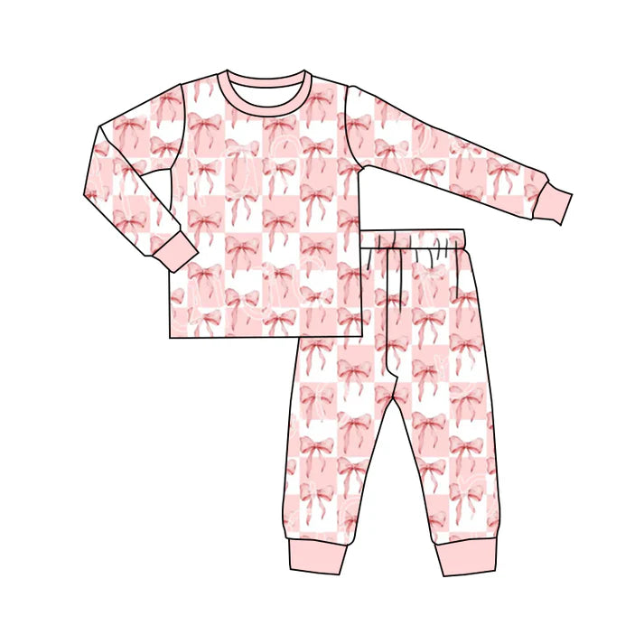 Preorder (moq 5)Baby Girls Pink Checkered Bows Long Sleeves Top Pant Pajamas Sets 6.7