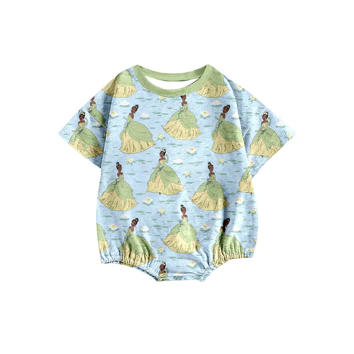 preorder(moq 5) Baby Girls Green Princess Short Sleeve Rompers 12.26