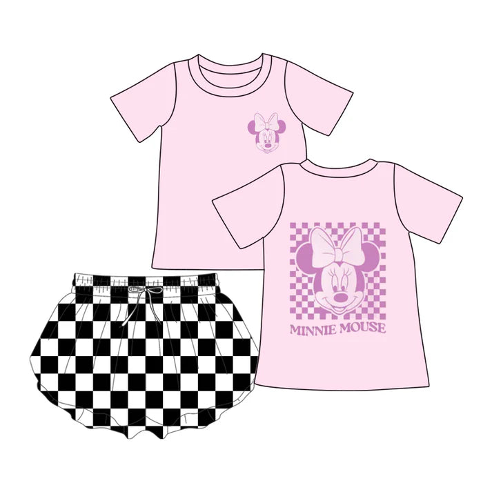 Preorder (moq 5)Baby Girls Pink Mouse Top Black Checkered Shorts Outfits Sets 5.16