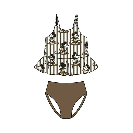 Preorder (moq 5)Baby Girls Strap Cartoon Mouses Stripe Ruffle Tunic Bummies Swimming Clothes Sets Swimsuits 1.10