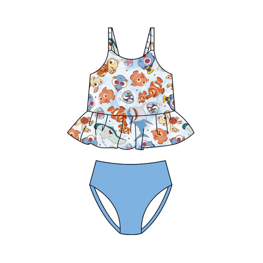 Preorder (moq 5)Baby Girls Strap Cartoon Fishes Stripe Ruffle Tunic Bummies Swimming Clothes Sets Swimsuits 1.10