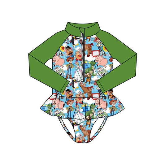 Preorder (moq 5)Baby Girls Long Sleeve Cartoon Donkey Zipper Ruffle Bummies Swimsuits 1.10
