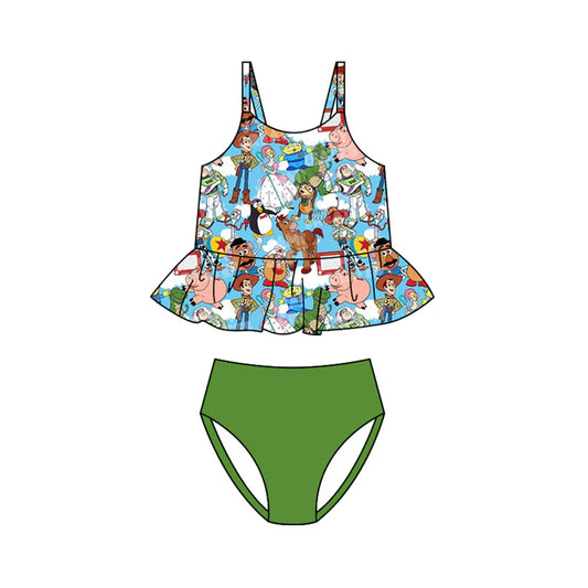 Preorder (moq 5)Baby Girls Strap Cartoon Donkey Stripe Ruffle Tunic Bummies Swimming Clothes Sets Swimsuits 1.10