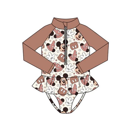 Preorder (moq 5)Baby Girls Long Sleeve Cartoon Mouses Stars Zipper Ruffle Bummies Swimsuits 1.10