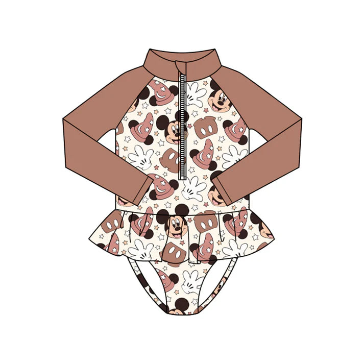 Preorder (moq 5)Baby Girls Long Sleeve Cartoon Mouses Stars Zipper Ruffle Bummies Swimsuits 1.10