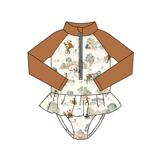 Preorder (moq 5)Baby Girls Long Sleeve Dogs Park Zipper Ruffle Bummies Swimsuits 1.10