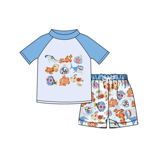 Preorder (moq 5)Baby Boys Cartoon Fishes Top Stripe Shorts Swimsuits Swimming Clothes Sets 1.10