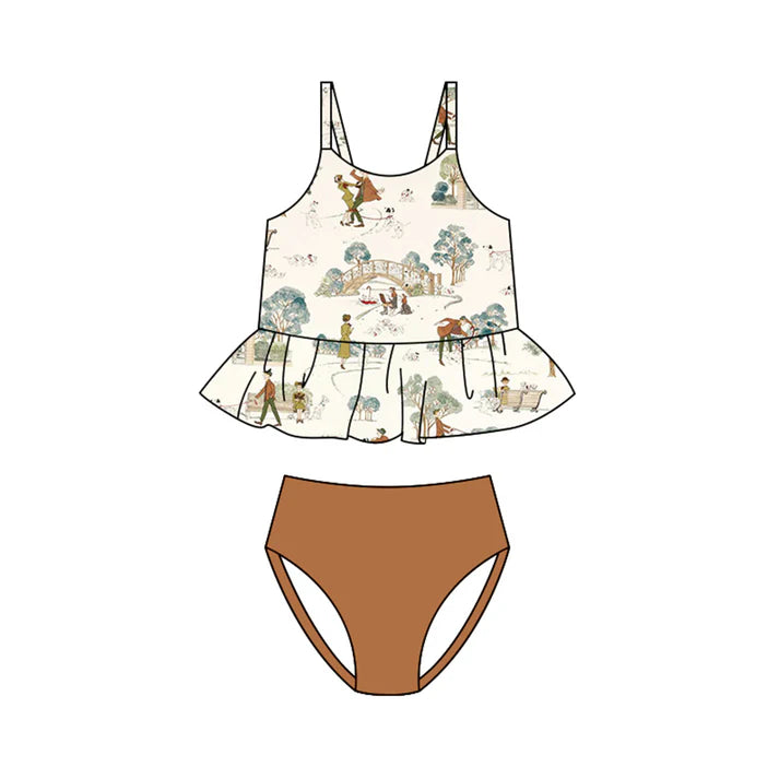Preorder (moq 5)Baby Girls Strap Dogs Park Ruffle Tunic Bummies Swimming Clothes Sets Swimsuits 1.10