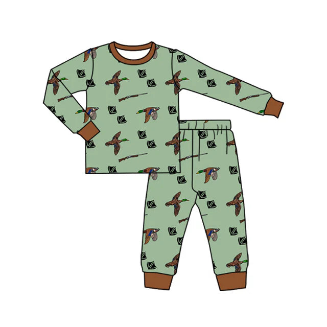 Preorder (moq 5)Baby Boys Long Sleeves Green Ducks Plaid Top Pant Pajamas Clothes Set 6.28