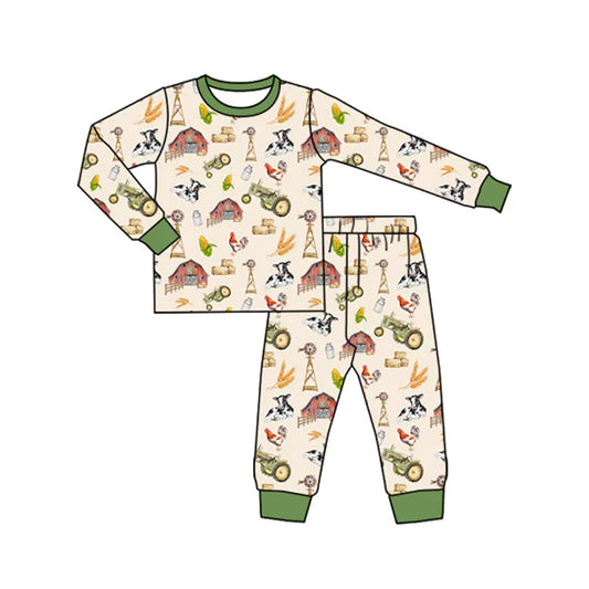 Preorder (moq 5)Baby Boys Long Sleeves Cows Houses Top Pant Farm Pajamas Clothes Set 6.28