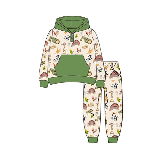 Preorder (moq 5)Baby Boys Long Sleeves Cows Houses Pockets Button Hoodies Pant Clothes Set 6.28
