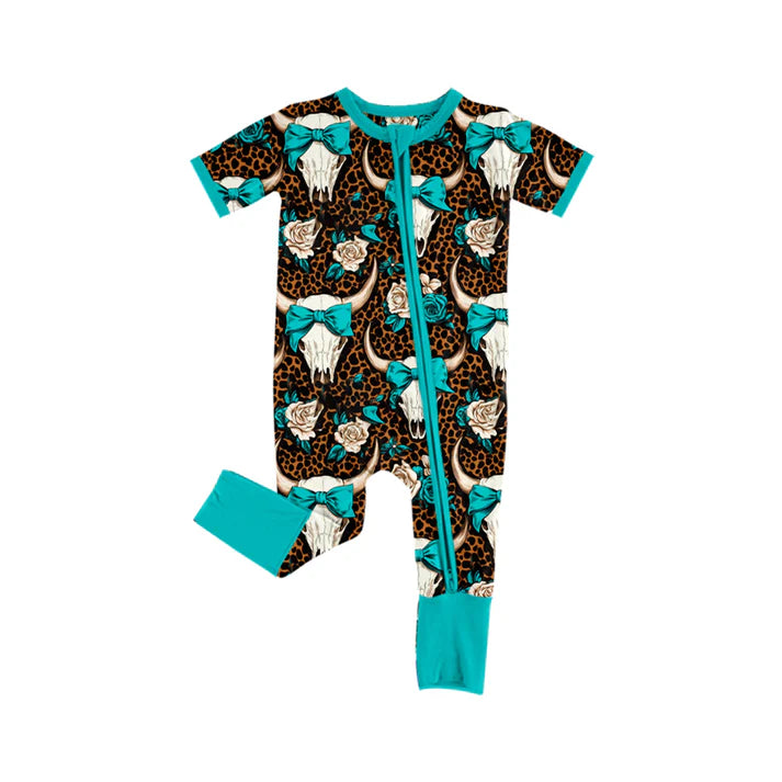 Preorder (moq 5)Baby Girls Western Cow Skull Bow Zipper Rompers 5.24