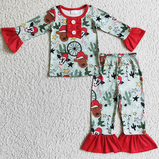 Hot Sale Girls Pajamas Christmas Cow Print Baby Girl Pajamas Sleepwear Set GLP0320