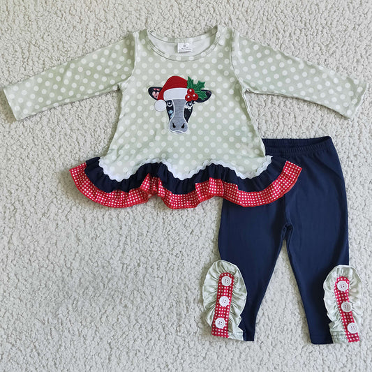 New Girls Christmas Clothing Cow Embroidery Outfits GLP0036