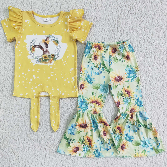 New Fashion Kids Clothes Girls Bell Bottom Outfits Boutique Baby Girl Clothes Cow Flower Print Cute Toddler Girl Fall Clothing GSPO0089