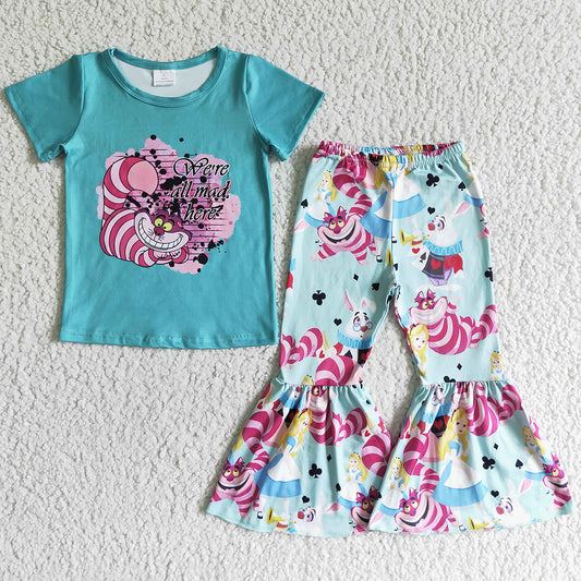 Fashion Toddler Girl Clothes Short Sleeve Bell Bottom Outfits Cartoon Print Cute Kids Clothes B0-2