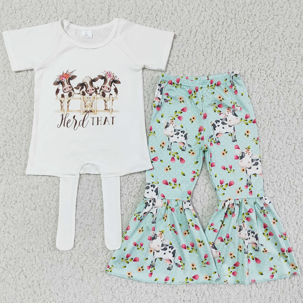 Cute Baby Girl Clothes Set Cow Flower Print Boutique Girls Clothing Short Sleeve Bell Bottom Outfits A12-15