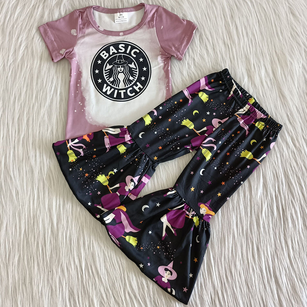 Boutique Kids Girls Clothing Set Halloween Toddler Baby Girls Clothes Short Sleeve Bell Bottom Outfits Wholesale A1-2