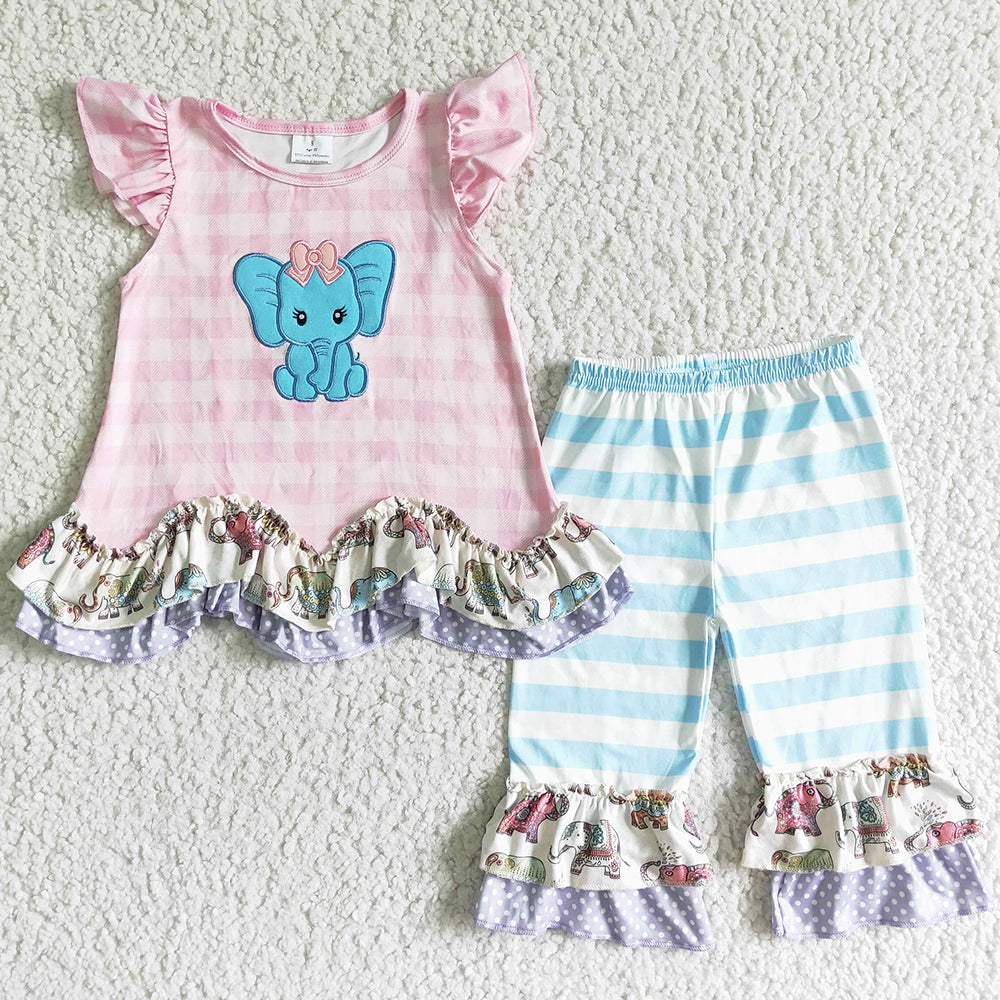 Baby Girls Clothes Short Sleeve Summer Outfits Baby Elephant Embroidery Boutique Kids Clothes Girls Sets GSSO0104