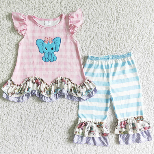 Baby Girls Clothes Short Sleeve Summer Outfits Baby Elephant Embroidery Boutique Kids Clothes Girls Sets GSSO0104