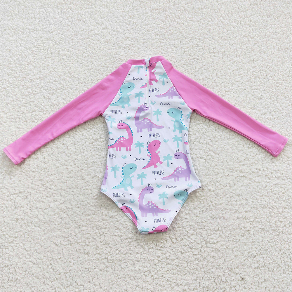 Baby Girls Swimsuits Pink Dinosaur Long Sleeve One Pieces Swimsuit S0076