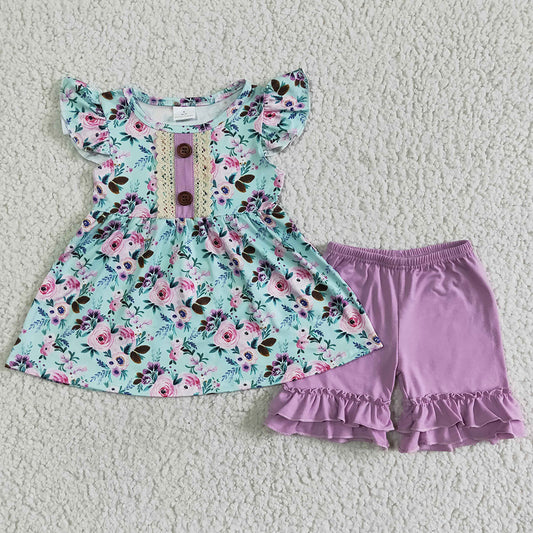 Flower Print Baby Girls Clothes Summer Boutique Girls Outfits Wholesale Children Clothes Set C6-22