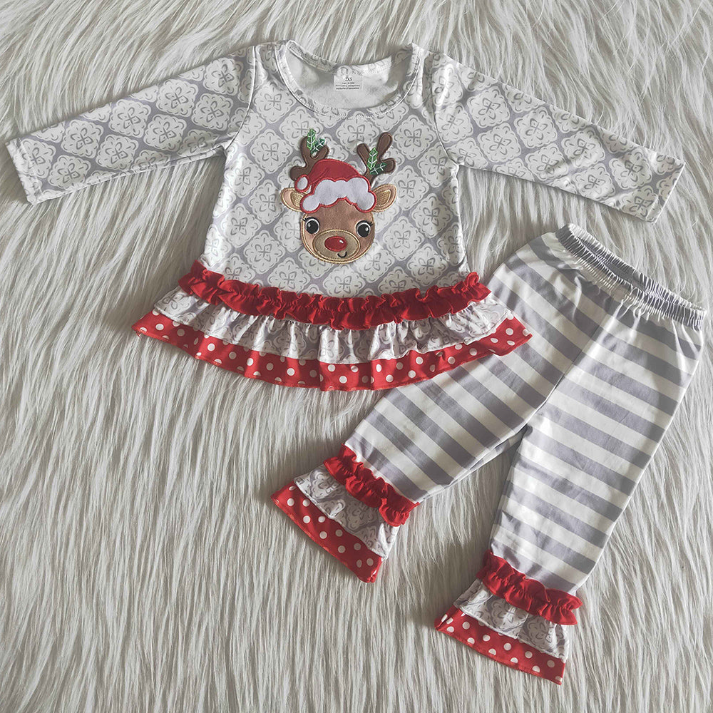 Boutique Baby Girls Clothes Deer Embroidery Christmas Toddler Girls Clothing Set Wholesale Kids Clothing 6 A13-27