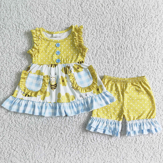Fashion Girls Clothes with Pocket Summer Boutique Girls Clothing Bee Flower Print Girls Outfits GSSO0086