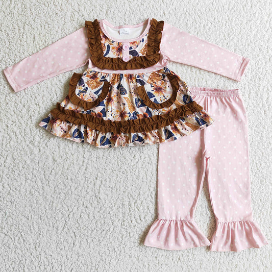 New Fashion Baby Girl Clothes Flower Print Fall Kids Girls Clothing with Pockets GLP0273