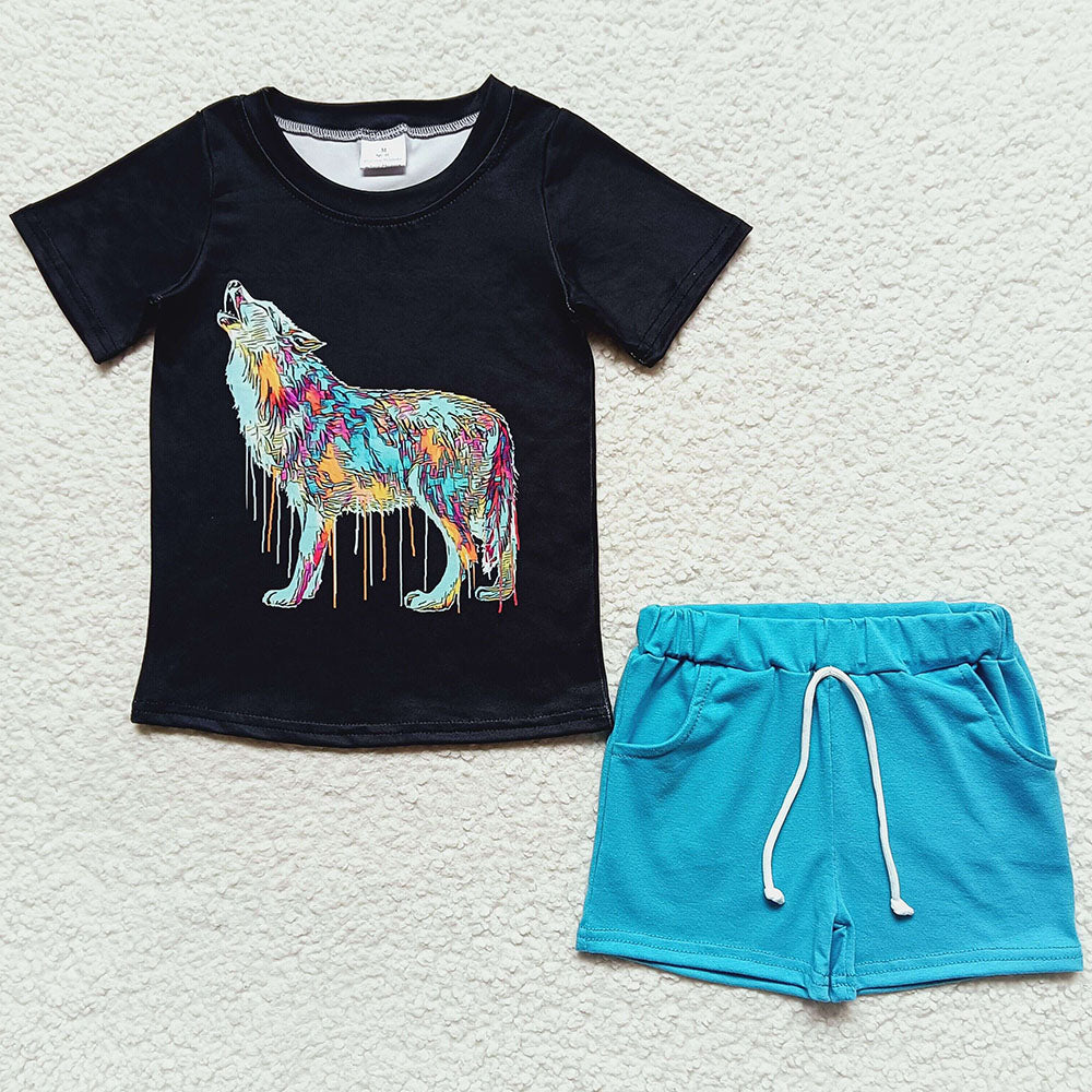 Summer Baby Boys Clothes Wolf Short Sleeve Tee Shirts Shorts Sets BSSO0219 6.20