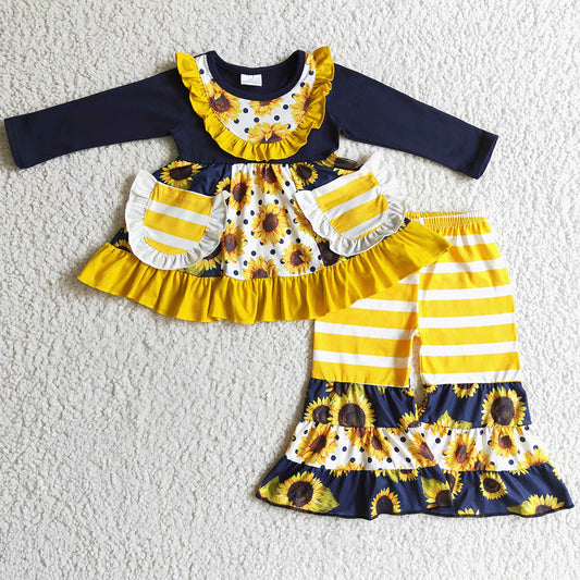 Boutique Girls Clothes Set Sunflower Fashion Baby Girl Clothing Outfits 6 A22-28