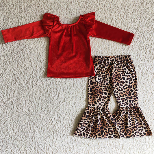 New Design Girls Clothing Velvet Top Leopard Bell Bottom Pants Set GLP0312