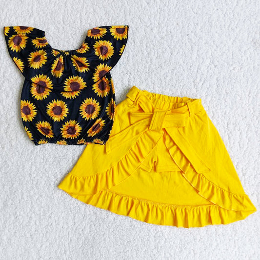 New Design Baby Girls Clothes Set Sunflower Print Fashion Girl Clothing Short Sleeve Skirt Shorts Outfits B3-14