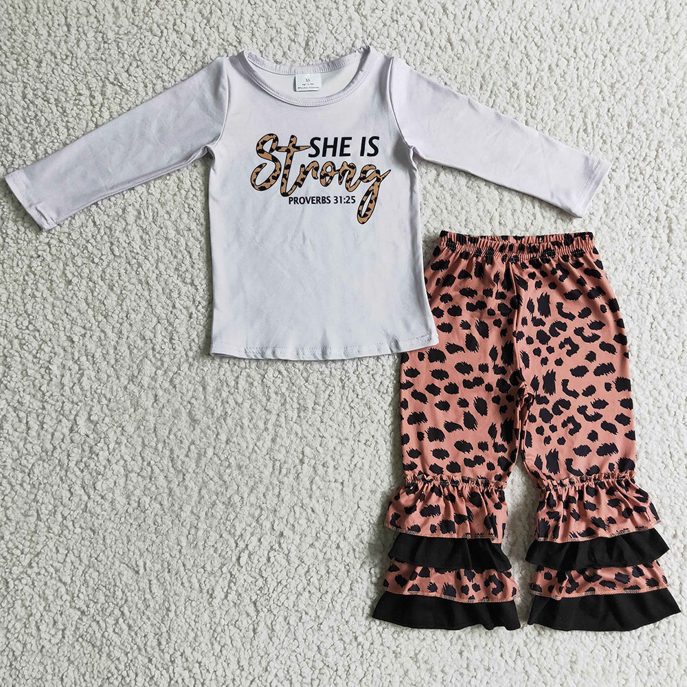 New Girls Clothing Strong Print Long Sleeve Leopard Pants Set GLP0335