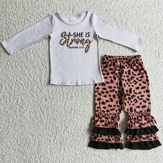 New Girls Clothing Strong Print Long Sleeve Leopard Pants Set GLP0335