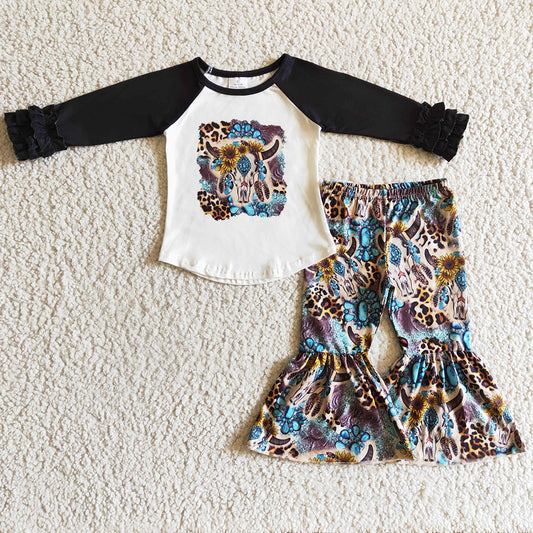 Boutique Girls Clothing Cow Print Long Sleeve Top Bell Bottom Outfits GLP0313 8.6
