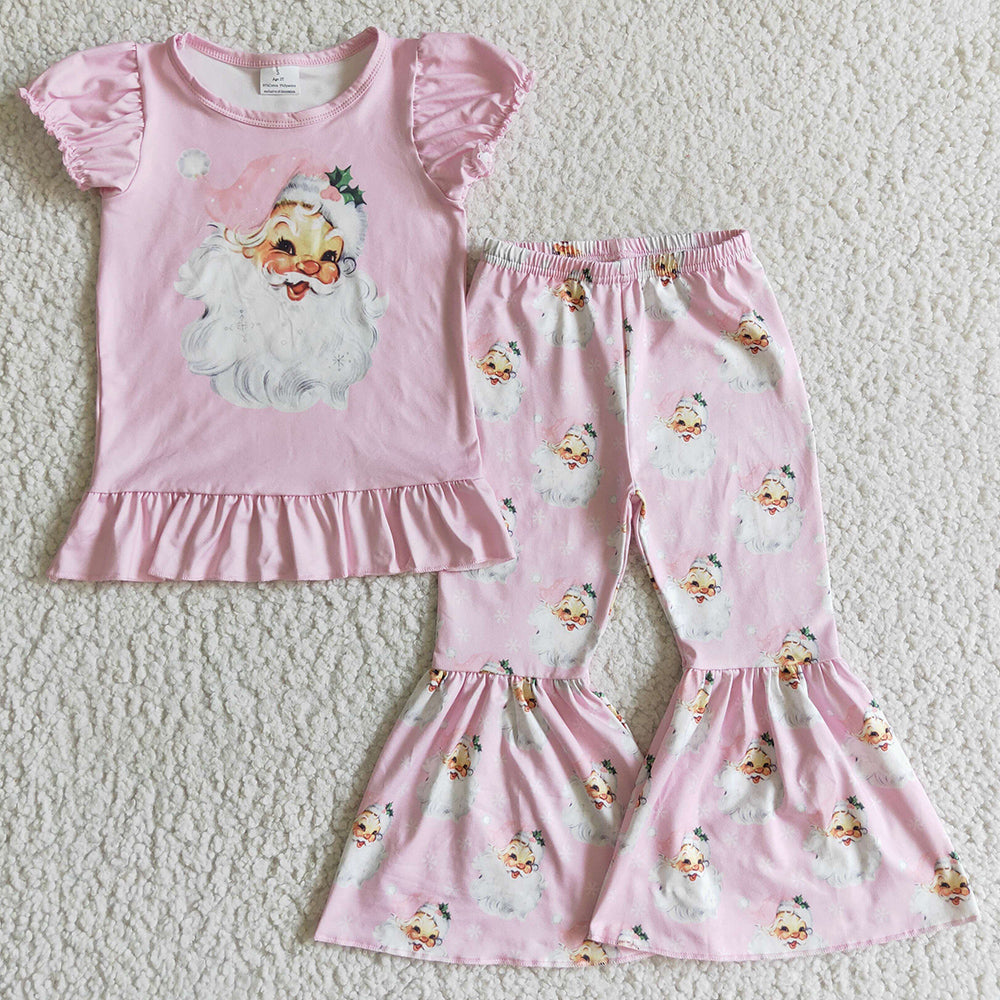 Pink Christmas Girls Clothes Santa Claus Print Short Sleeve Top Bell Pants Set GSPO0202