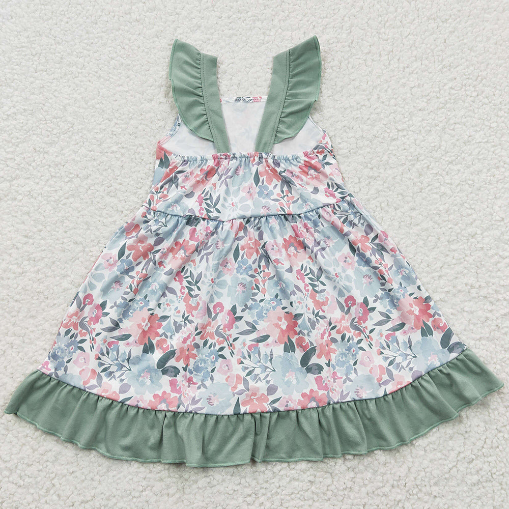 Baby Girls Dress Green Floral Knee Length Boutique Dresses GSD0319