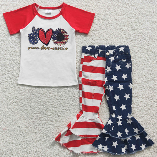July 4th Girls Clothes Denim Bell Bottoms Star Print Outfits GSPO0567