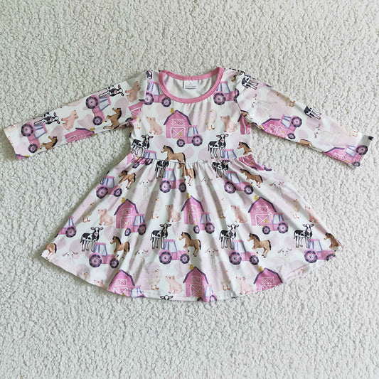 Farm Print Cute Girls Dress Long Sleeve Twirl Dresses GLD0030