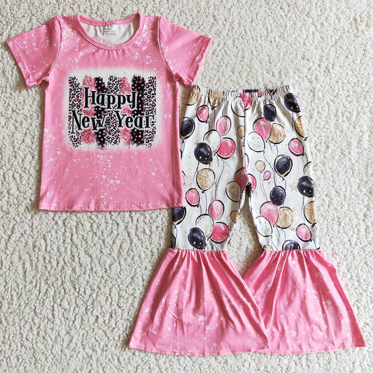 New Fashion Baby Girl Clothes Happy New Year Balloon Print Boutique Girl Outfits Pink GSPO0204