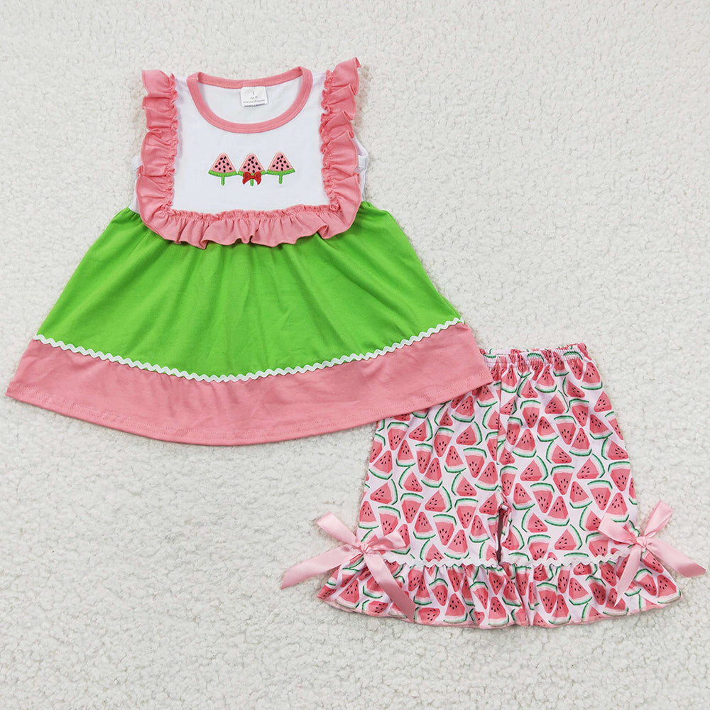 Baby Girls Summer Clothes Watermelon E,broidery Shorts Sets GSSO0179