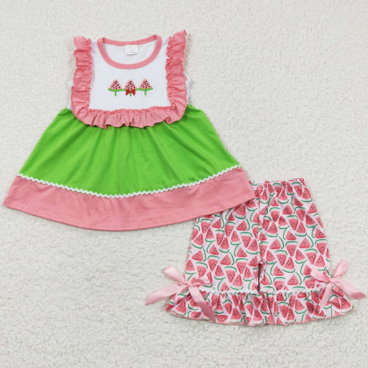 Baby Girls Summer Clothes Watermelon E,broidery Shorts Sets GSSO0179
