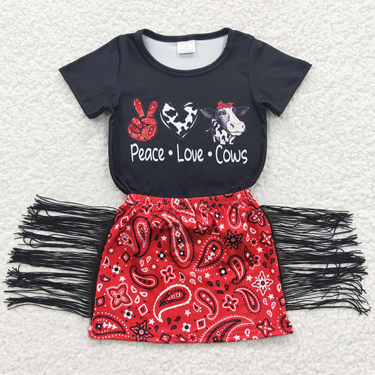 Baby Girls Clothes Peace Love Cows Tassel Skirts Clothes Sets GSD0302