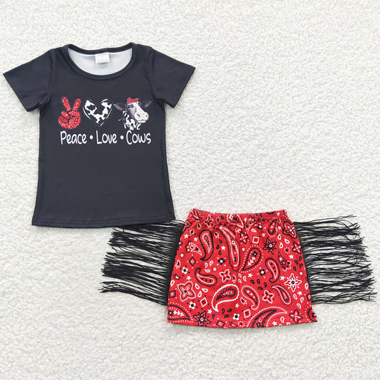 Baby Girls Clothes Peace Love Cows Tassel Skirts Clothes Sets GSD0302