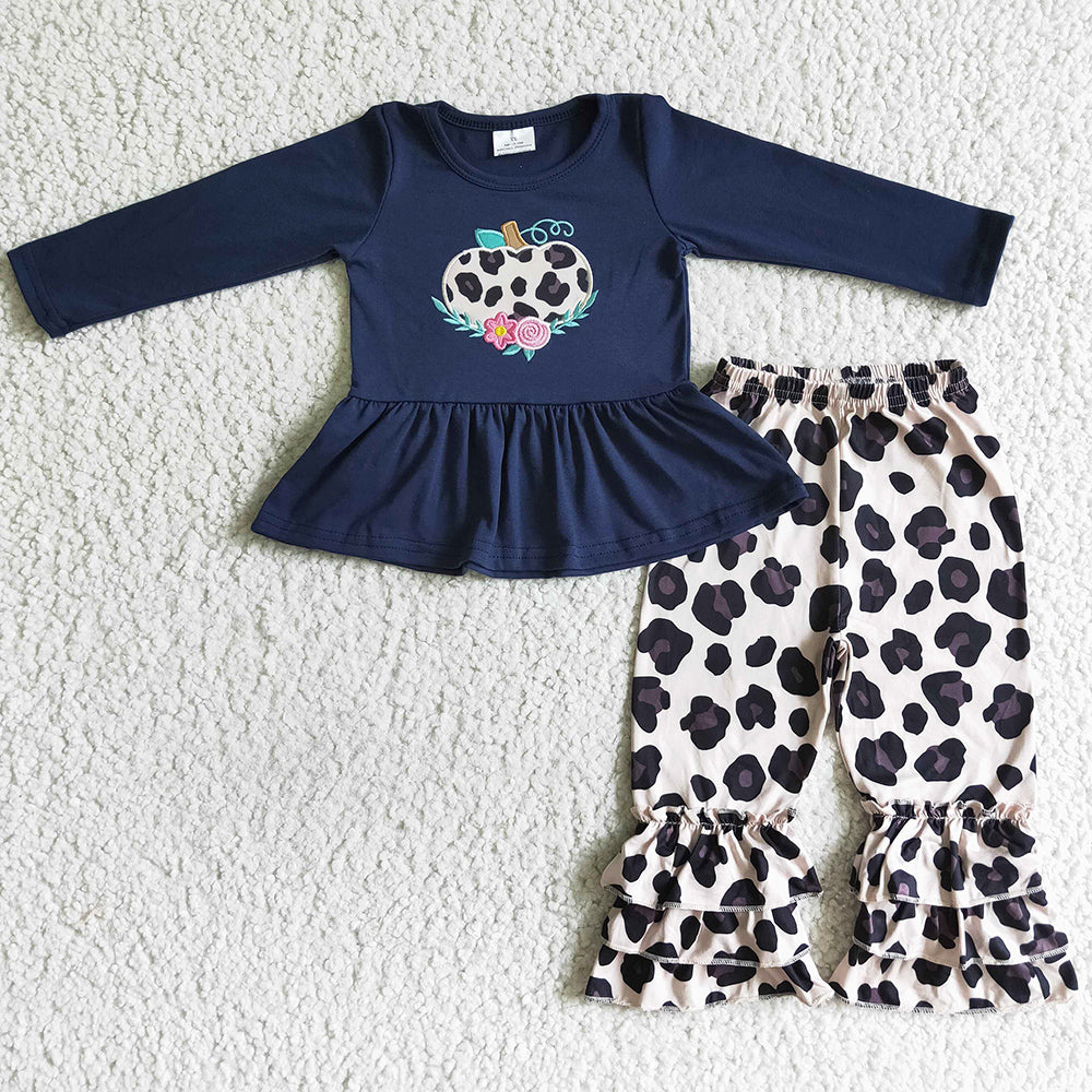Halloween Pumpkin Embroidery Girls Clothing Leopard Pants Set GLP0037